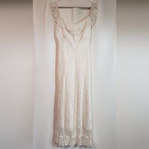 NICOLE MILLER COLLECTION Off the Shoulder Ivory Ruffle Midi Dress Small/Medium